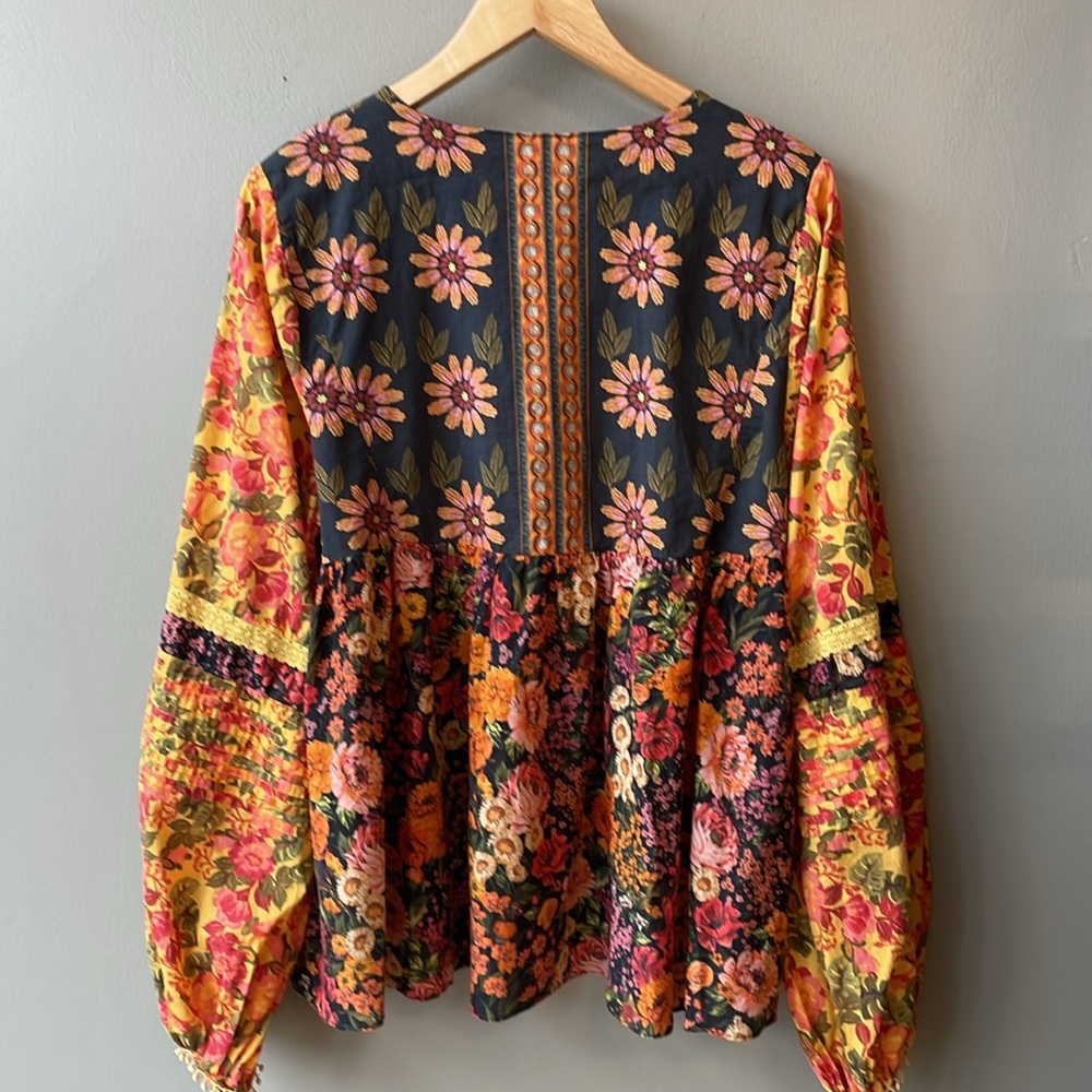FARM Rio Floral V-Neck Peasant Blouse in Navy, Pink, Orange, Yellow - Picture 7 of 7